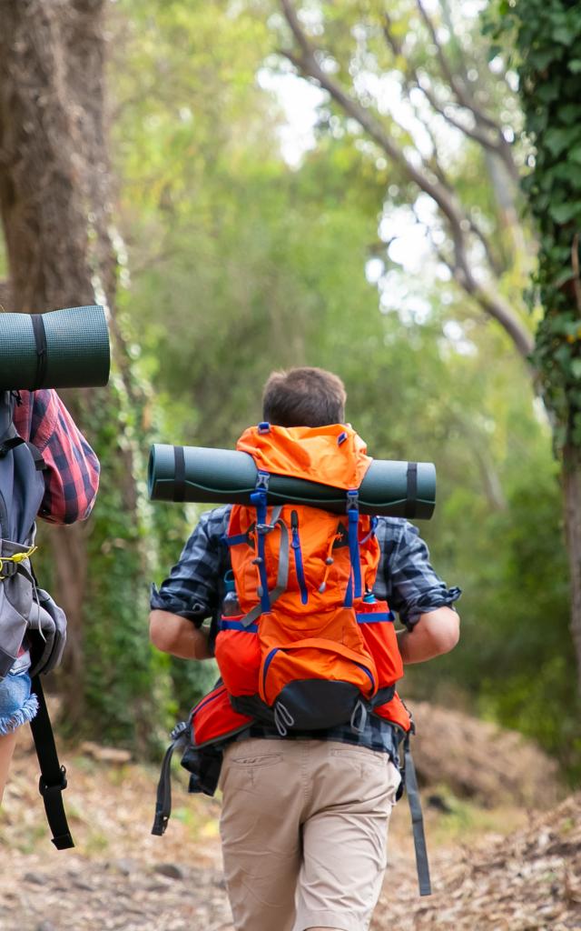 Vue de dos de deux randonneurs qui marchent sur un sentier de randonnée.