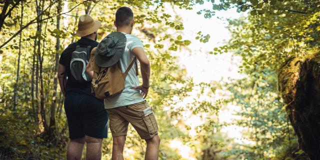 Deux hommes, sac sur le dos, contemplent la nature pendant leur randonnée