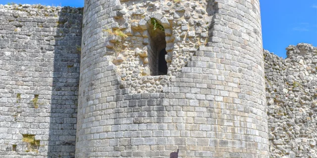 Des visiteurs du Château de Ventadour écoutent les explications de Cédric, le guide du Château. Ils font face à la grande tour, un édifice en pierres de plus de 17 mètres de haut.